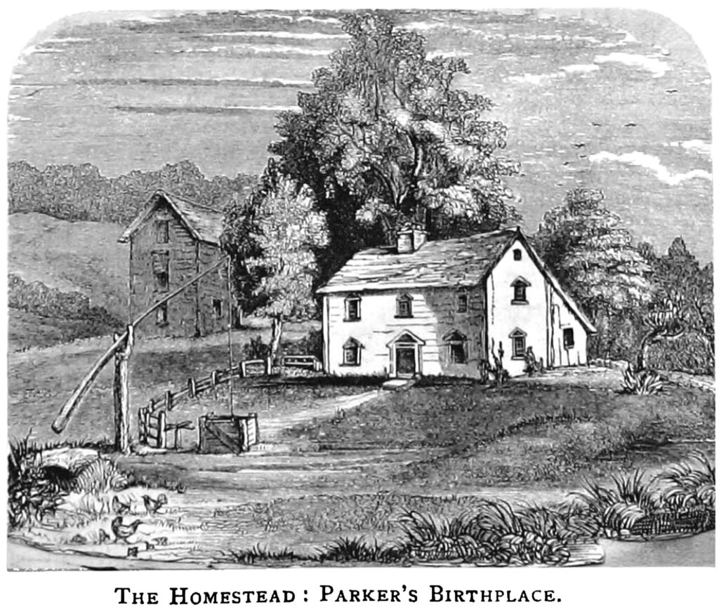 An old New England saltbox house in a farmland setting.