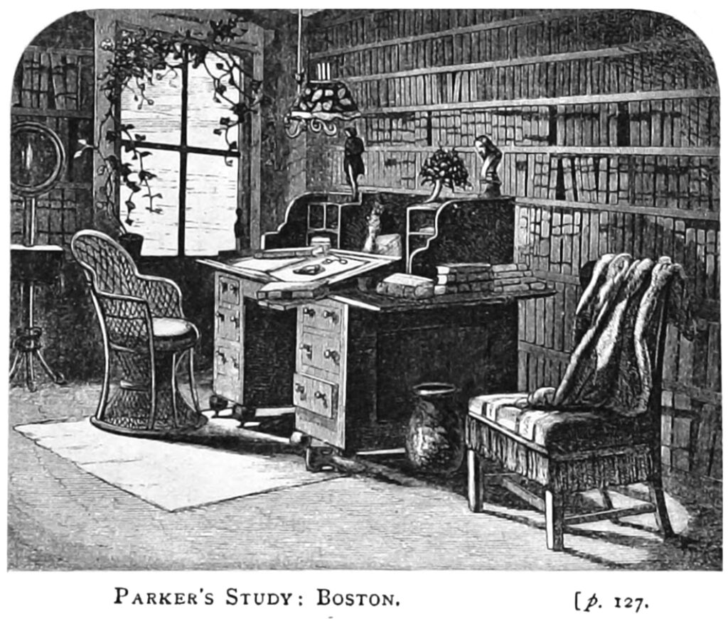 Drawing of a room with a desk and bookcases.