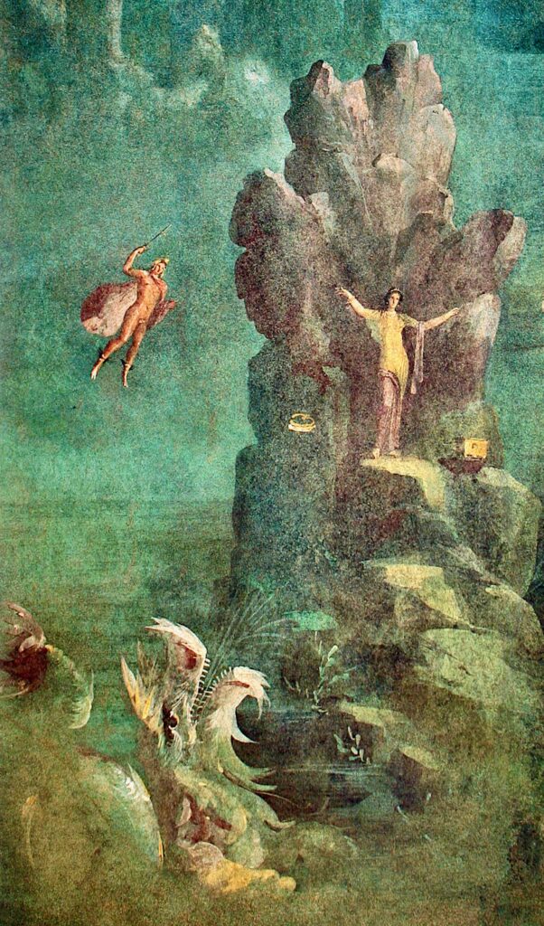 A woman chained to a rack cliff, with a sea monster below her and a man hovering above her.